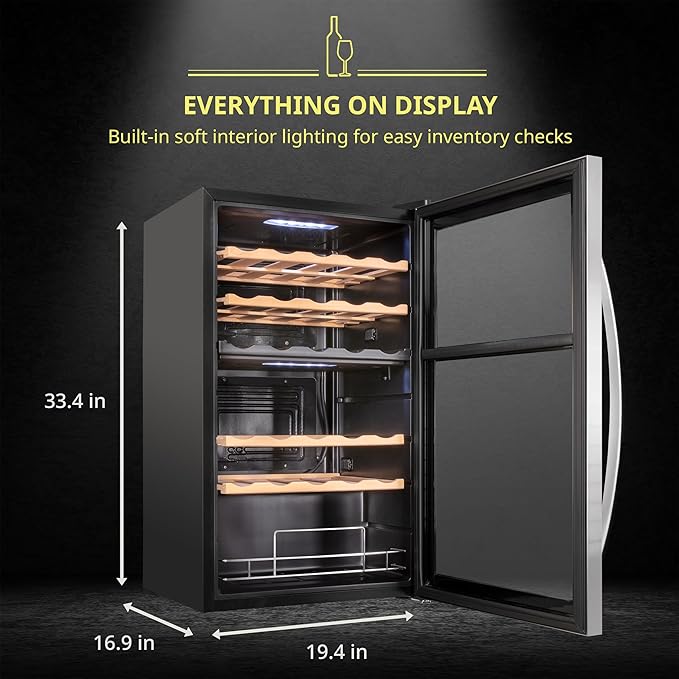 SCHMÉCKÉ 33 Bottle Dual Zone Wine Cooler Refrigerator w/Lock - Large Freestanding Wine Cellar For Red, White, Champagne & Sparkling Wine - 41f-64f Digital Temperature Control Fridge Stainless Steel