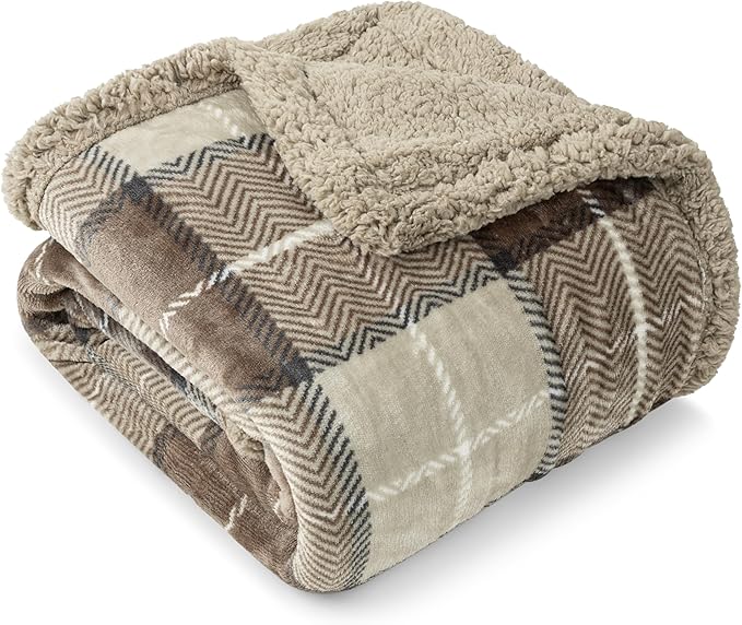Pavilia Taupe Plaid Sherpa Throw Blanket - Plus Plush Flannel Fleece Blanket - Warm Cabin Sofa Bed Winter Throws 50x60