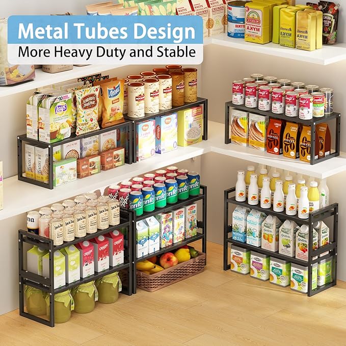2 Pack Expandable Kitchen Cabinet Shelves Organizer,Heavy Duty Metal Shelving Units and Storage,Stackable Adjustable Kitchen Storage Organization Shelves Rack for Counter Cupboard Pantry,Length:20.5"