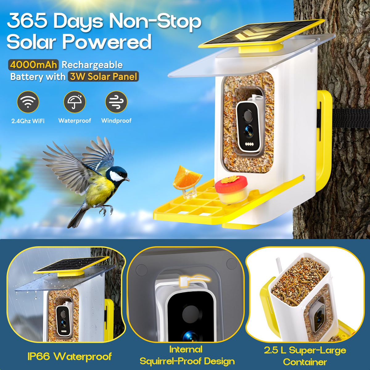 Bird Feeder with Camera, GTSABWAY Smart AI Identify Birds Camera with Solar Powered, Wireless Auto Record 5M HD Birds Video in Backyard, Instant Notifications - Yellow