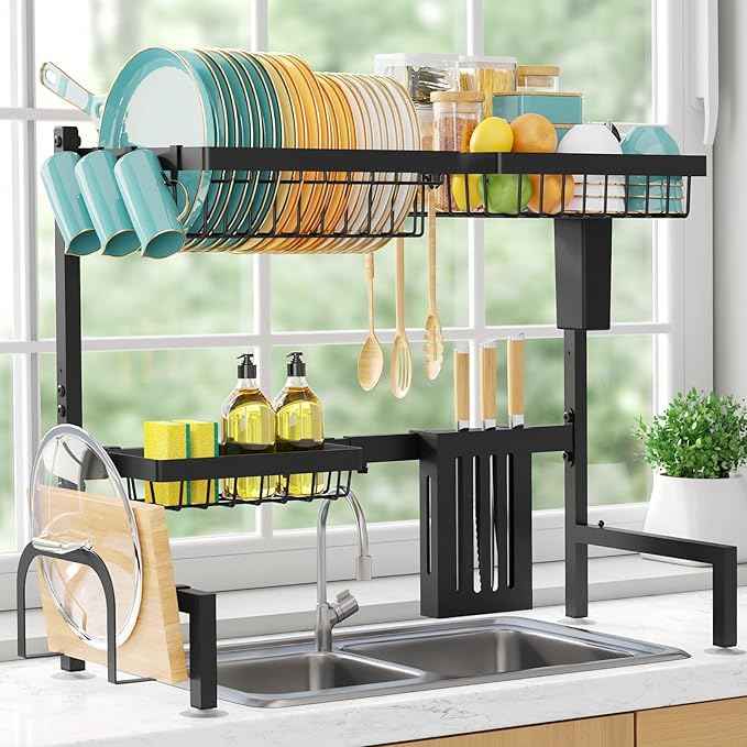 Over The Sink Dish Drying Rack - Adjustable 2 Tier Large Capacity Stainless Steel Drainer with Cutlery & Utensil Holders, Kitchen Storage & Organization, 30"-33.9" L x 11" W x 21.5" H, Black