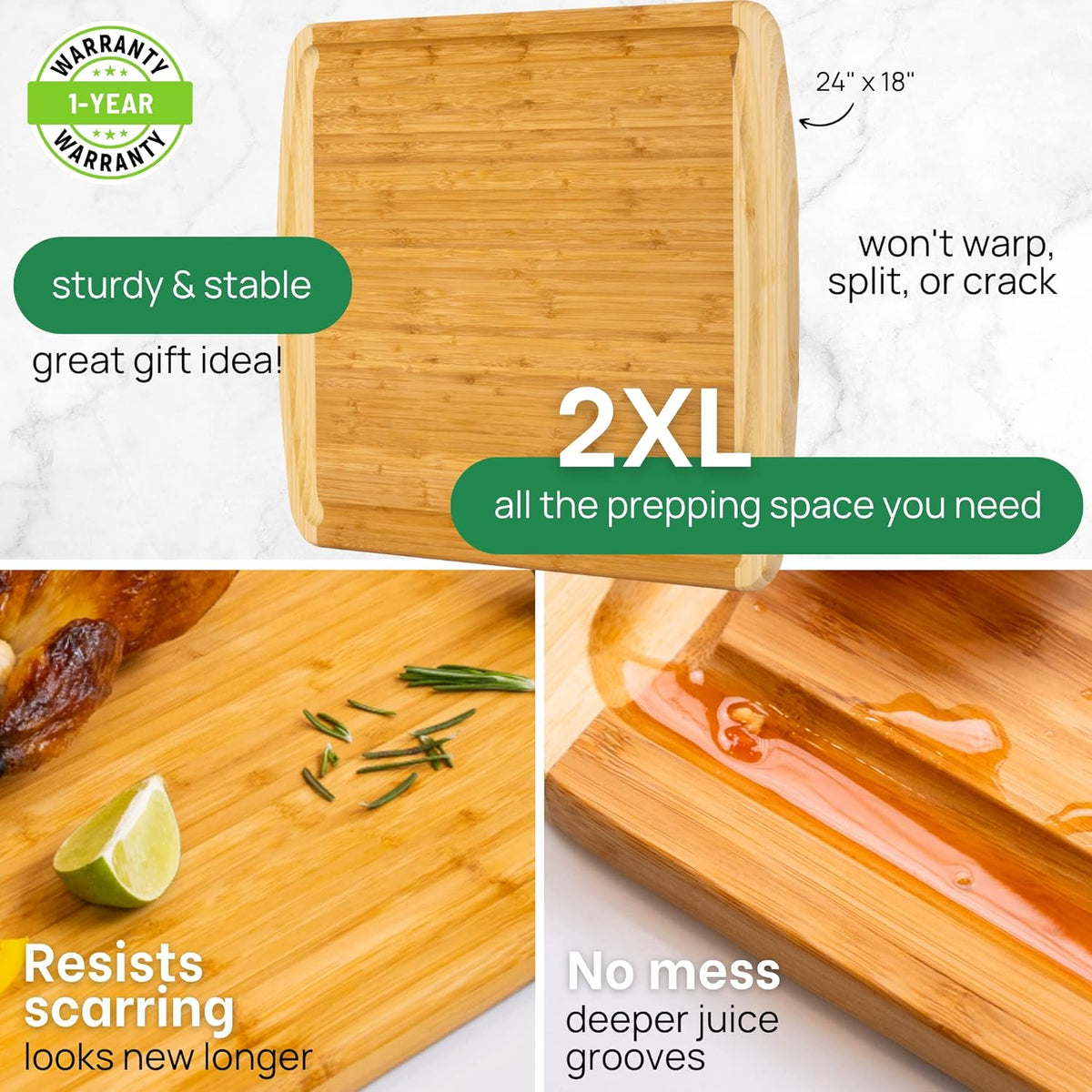 GREENER CHEF 24 Inch Bamboo Cutting Board with Lifetime Replacement - 2XL Extra Large Wooden Butcher Block for Kitchen, Stove Top, Meat, Vegetables, and Charcuterie with Deep Juice Grooves