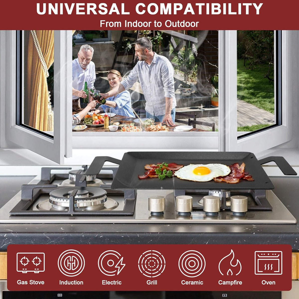 Carbon Steel Griddle - Professional Cookware Griddle Pan for Induction, Stove Top, Gas Grill, Cooktop, Electric and more, 17" x 10" NonStick Flat Top Griddle Plate Skillet, Indoor/Outdoor Use