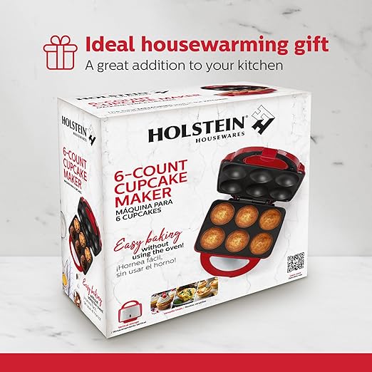 Holstein Housewares Non-Stick 6-Count Electric Cupcake Maker Machine – Bakes 6 Cupcakes, Muffins, Pizza Cups, Cinnamon Buns – Perfect for Gifts, Birthdays, Holidays, or Bake Sales, Red
