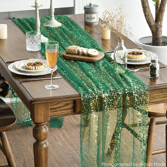 Artoid Mode 3PCS Green Gold Gauze Table Runner 120 Inch 10FT, Glitter Metallic Foil Sheer Dining Wedding Anniversary Holiday Table Decor for Home Party