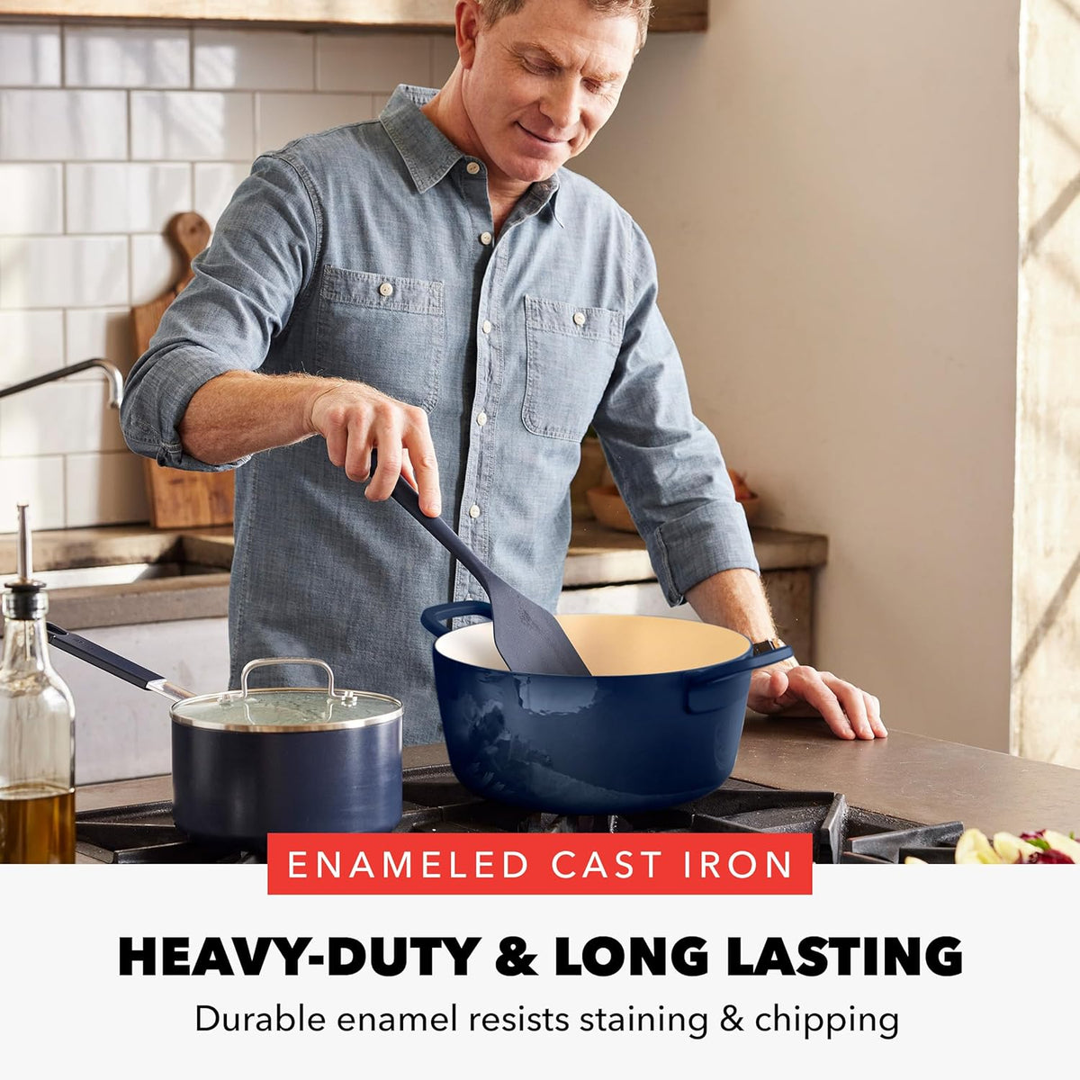 GreenPan x Bobby Flay 5.5QT Enameled Cast Iron Round Dutch Oven with Lid, Dual Handles, Oven Safe to 500F & Induction Suitable, Self Basting Lid, Ultra-Durable, Sear, Braising, Bread, Stews, Cobalt