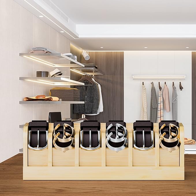 MinBoo Bamboo Belt Organizer Box,6 Grids Belt Rack, Belt Organizer for Closet and Drawer, Belt Storage Organizer and Displayer, Belt Organizer for Men Women (Natural Bamboo)