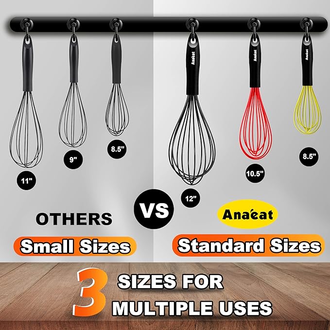 Anaeat Silicone Balloon Whisk, Perfect for Non-Stick Cookware, Milk and Egg Beater Blender, Heat Resistant Kitchen Whisks for Whisking, Cooking, Baking, Beating, Frothing & Stirring (Multicolor)