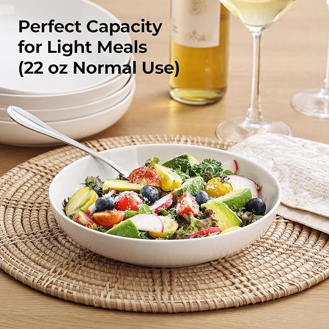 YHY Pasta Bowls Set of 4, 22 oz Ceramic Salad Plates, 7.8 Inch Wide Shallow Porcelain Dishes for Dinner, Microwave & Dishwasher Safe, White