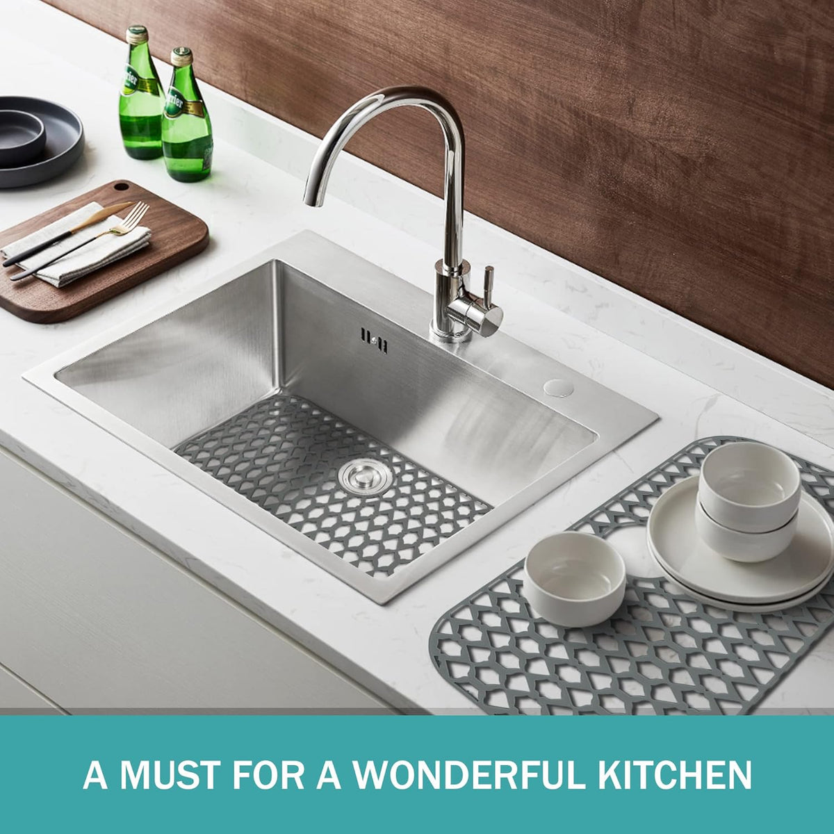 Sink Protectors for Kitchen Sink 13x11 &16x12 &19x14 &21x16 &22x13 &24x13 &26x14 &28x14 &30x16, Large Silicone Sink Mats Grid for Bottom of Farmhouse Sink (28”x14.4”, Rear Drain)