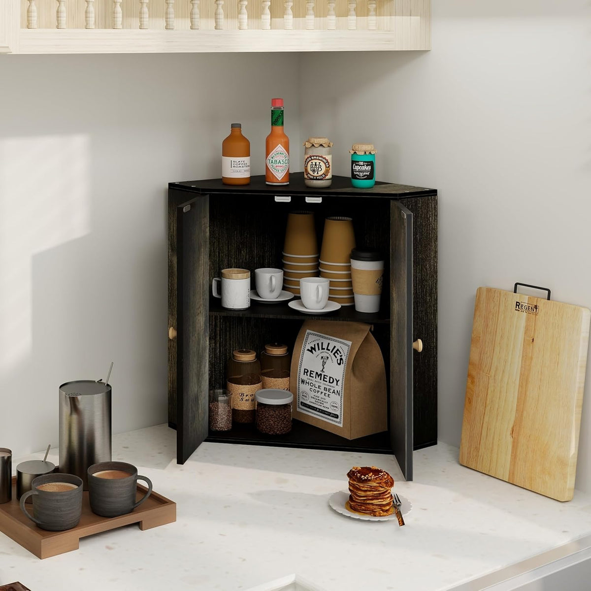 Corner Bread Box for Kitchen Counter Double Layer Bamboo Bread Storage Container Large Capacity Bread Storage Bin Farmhouse Breadbox Organizer (Antique Black)