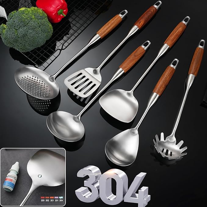 18/10 Stainless Steel Kitchen Utensils Set with Wooden Handle, 6 PCS Professional Cooking Utensils Set 15”, Wok Spatula, Ladle, Skimmer, Slotted Spatula Turner, Spaghetti Spoon, Large Spoon