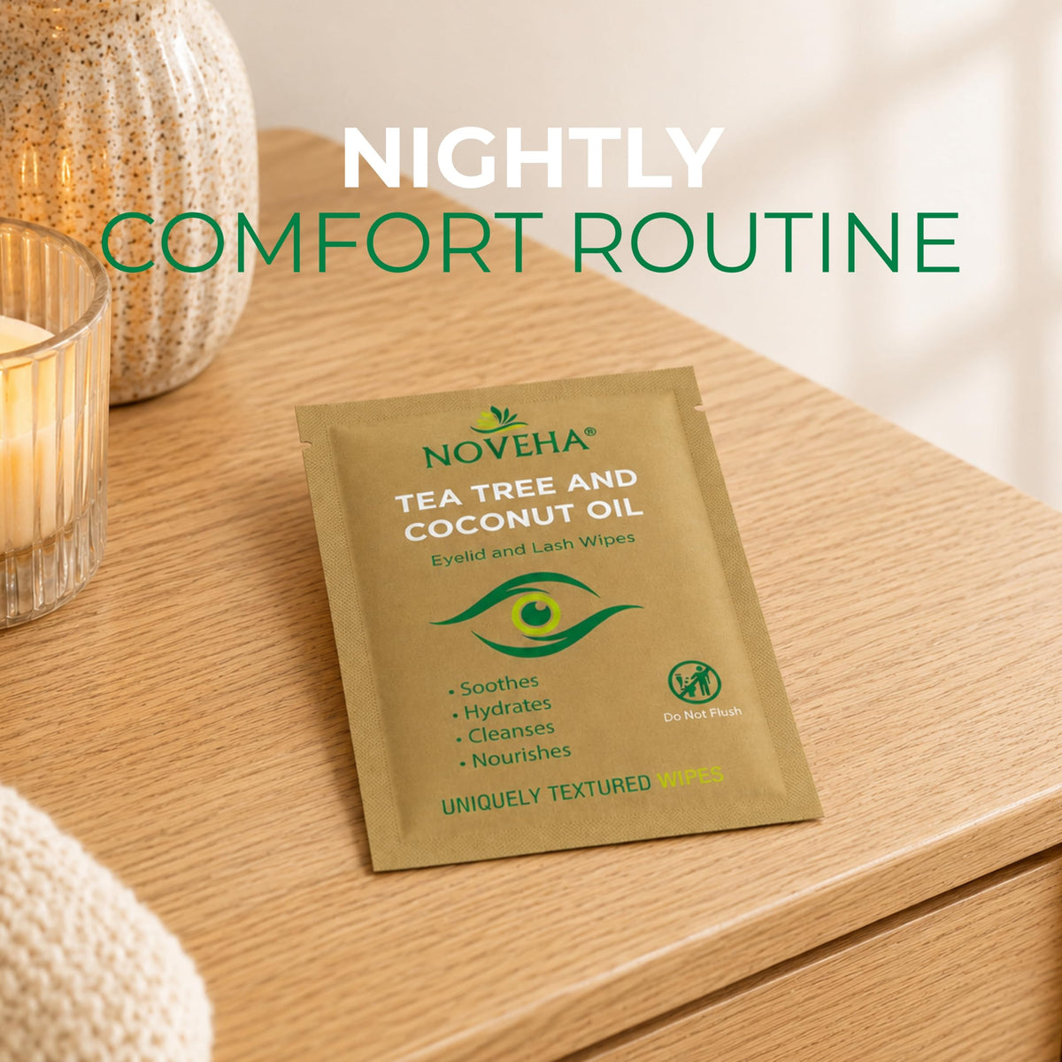 NOVEHA 60PCs Tea Tree & Coconut Oil Eyelid & Lash Wipes - For Demodex, Blepharitis & Itchy Eyes, Individually Wrapped Eyelash Wipes With Aloe Vera, Natural Makeup Remover & Daily Eye Cleanser