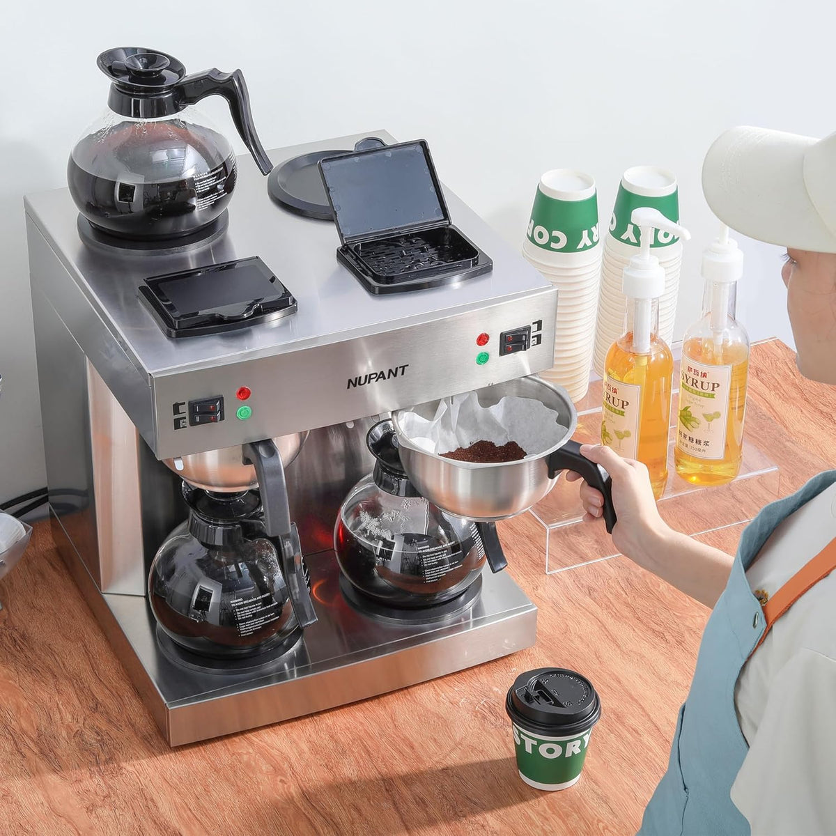 Dual Drip Commercial Coffee Maker, 200 Cup/hour, 7.2L Pour Over Coffee Machine with 4 Glass Carafe and 4 Warmers, Stainless Steel Double Coffee Brewer Staition for Restaurant and COFFEE Bar