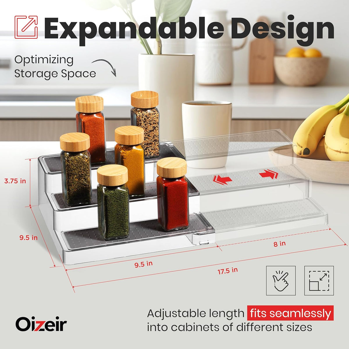 Expandable Spice Organizer Rack (2-PACK) - 3-Tier - Clear Adjustable Tiered Shelf Spices Organization for Kitchen Cabinet and Pantry Storage