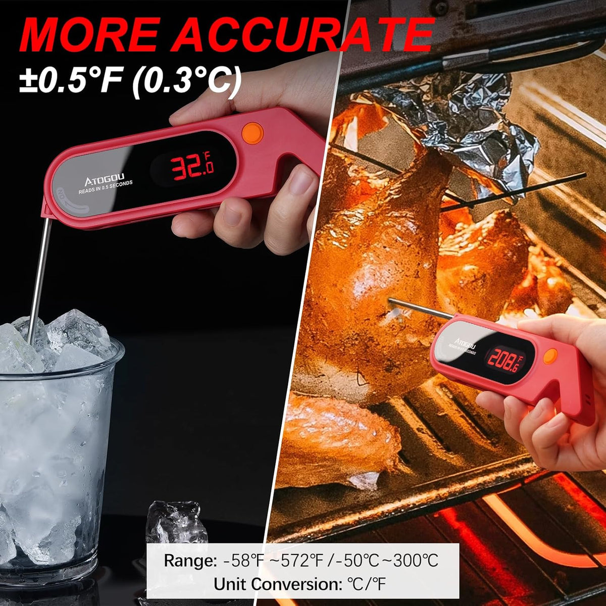 Meat Thermocouple Thermometer Digital, Ultra Fast Instant Read <1 Sec, ±0.5℉ Accuraty, IP67 Waterproof, LED Display, Auto Off, Digital Kitchen Thermometer for Meat/Candy/Grill/BBQ etc. TH-21 (Red)