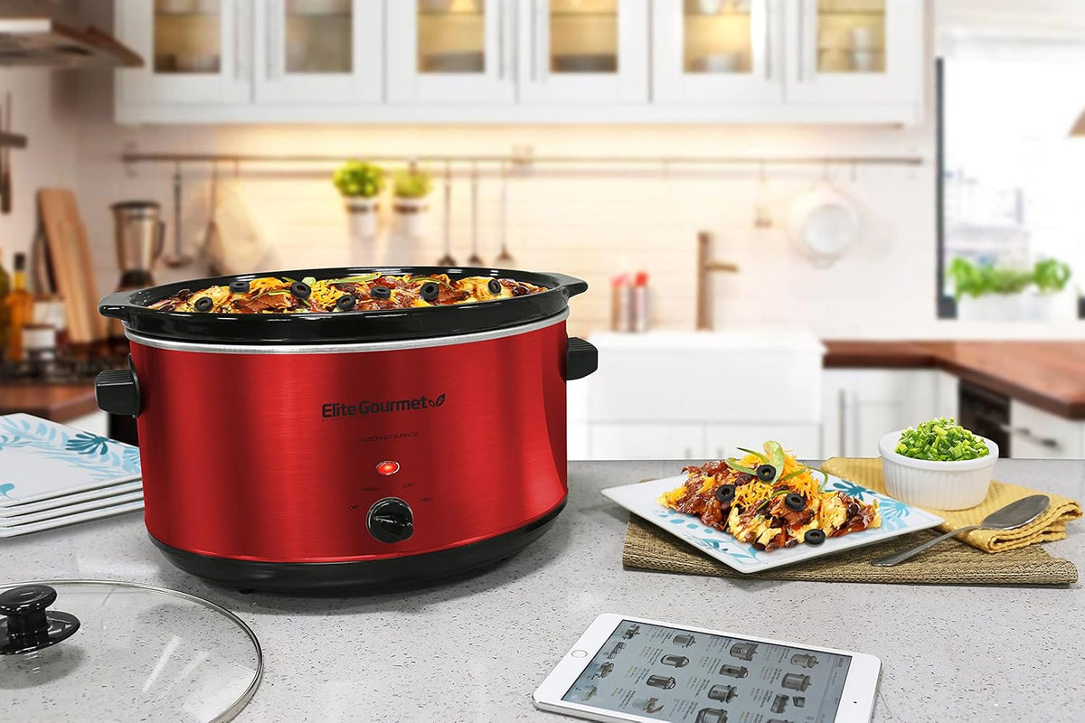 Elite Gourmet MST-900RXT# Electric Ceramic XL Jumbo Slow Cooker, Adjustable Temp, Entrees, Sauces, Stews & Dips, Dishwasher Safe Glass Lid & Crock, 8.5Qt, Stainless Steel