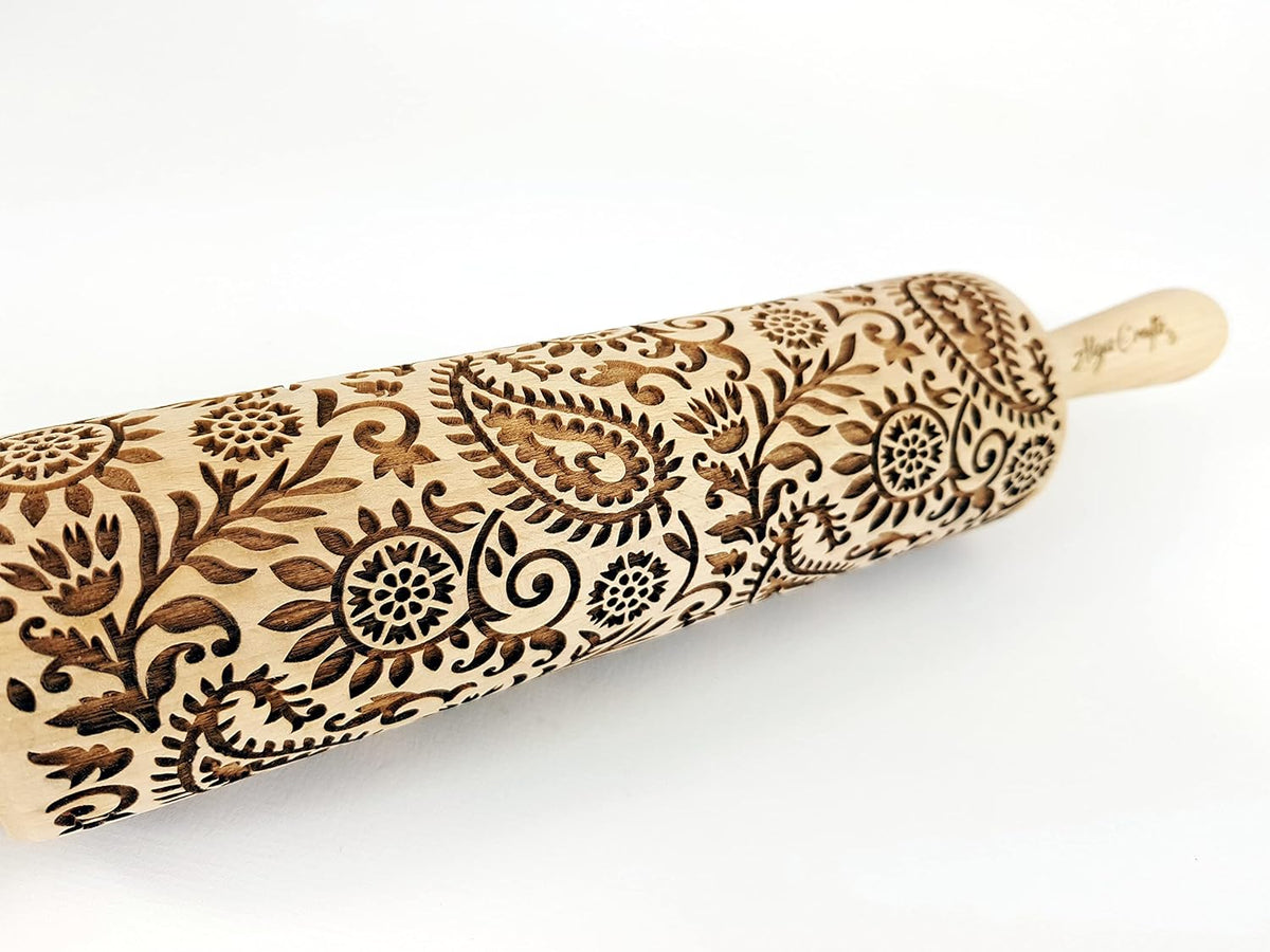 INDIAN embossing rolling pin with Indian Paisley Pattern. Dough roller for embossed cookies and Pottery by Algis Crafts