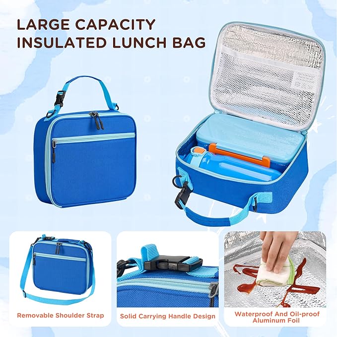 Bento Lunch Box for Kids With 8oz Thermo, Leakproof Bento Box with with 2 Compartments, Insulated Bottle, Lunch Bag, BPA Free Dishwasher Safe for School Girls Boys (Blue)