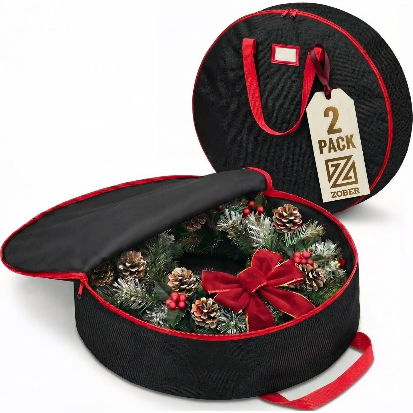 ZOBER 2 Pack Oxford Christmas Wreath Storage Container 30 Inch - Wreath Bag for Artificial Wreaths Box - Waterproof Fabric, Dual Zippered Wreaths Storage Bag With Strong Durable Handles - Black