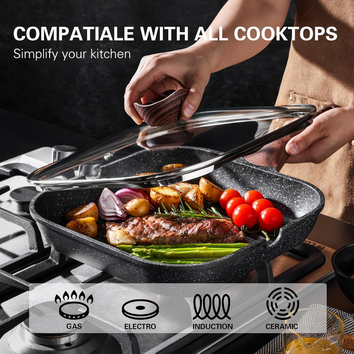 Nonstick Grilling Pan with Lid for Stove Tops, 11 Inch Square Grill Pan for Indoor Cooking, Granite Coating Grill Skillet with Pour Spouts, Versatile Griddle, Induction Steak Pan, PFOA Free