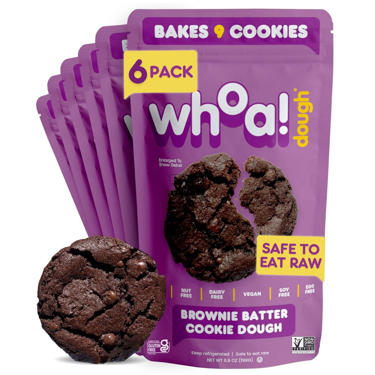 Whoa Dough Ready to Bake Cookie Dough Brownie Batter – Certified Non-GMO, Kosher, Gluten Free – Plant-Based Snack Dough Made with Real Ingredients – 6 Pack