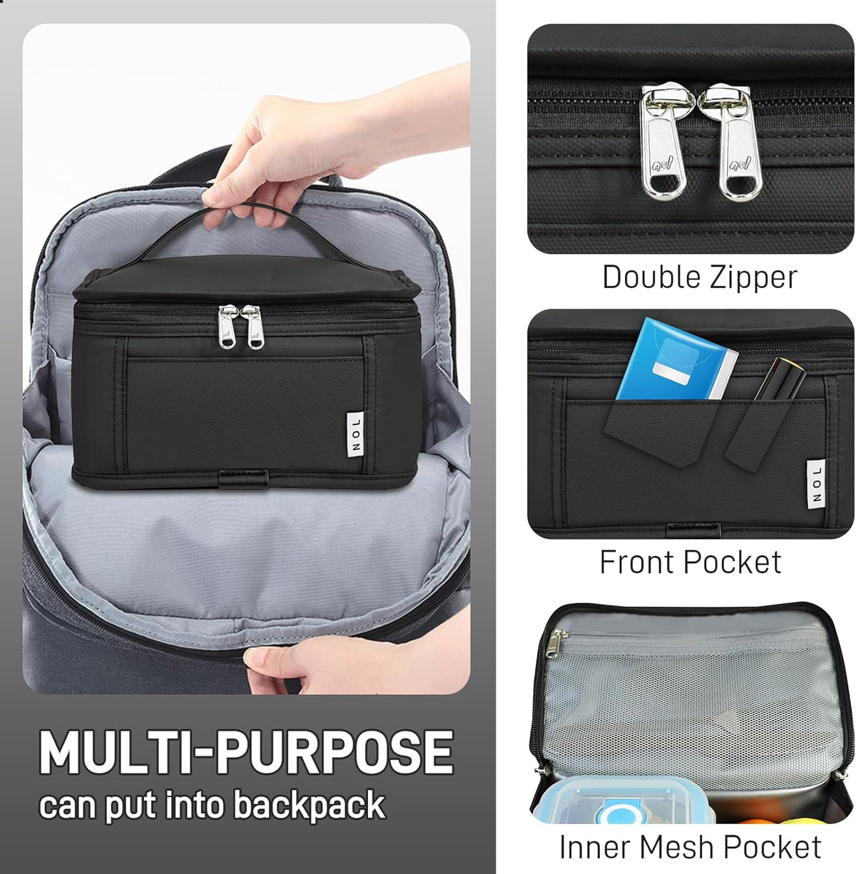 NOL Natural Organic Lifestyle Small Lunch Bag Mini Lunch Box Insulated Lunch Bag for Men/Women Leakproof Cooler Tote Bag Lightweight Nylon Waterproof Lunch Box For Work, Black