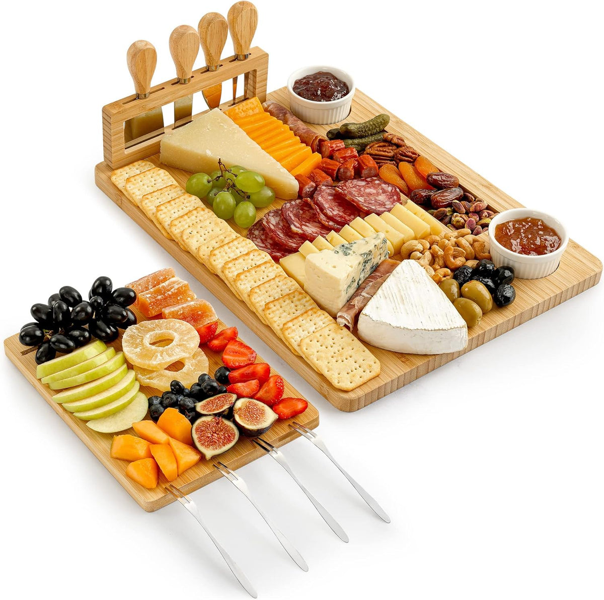 Zulay Kitchen Premium Bamboo Cheese Board Set - Extra Thick Bamboo Charcuterie Board Set with 4 Piece Knife Set - Wooden Cheese Board is Perfect for Charcuterie, Wine and Cheese (Platter Set)