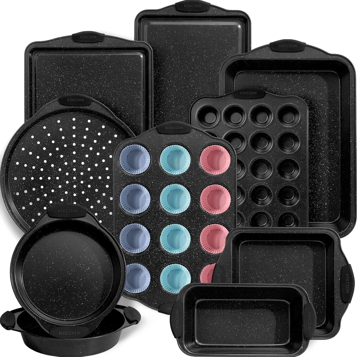 Kikcoin 22 PCS Nonstick Baking Pans Set, Stackable Bakeware Sets with Silicone Handles, 450°F Oven Safe Baking Sheet set, Easy Release Cookie Sheets for Baking, Black