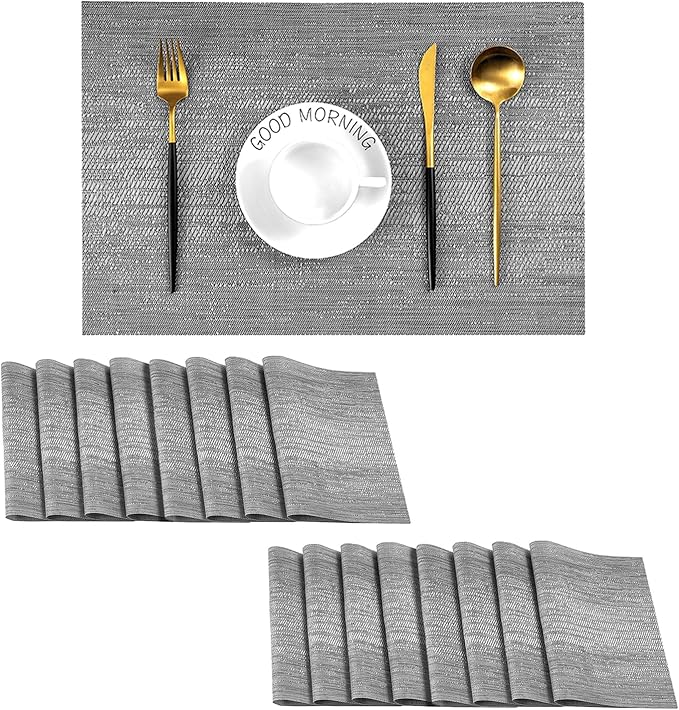 Leetaltree Grey Placemats, Heat Resistant Non-Slip Place mats for Dining Table, Washable Durable PVC Vinyl Woven Table Mats (Set of 16)