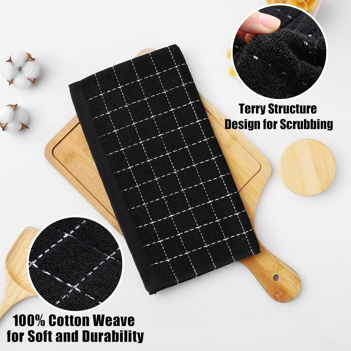 Homaxy 100% Cotton Terry Kitchen Dish Cloths, Ultra Soft and Absorbent Dish Towels for Kitchen, Suitable for Drying and Washing Dishes, 6 Pack, 12 x 12 Inches, Black