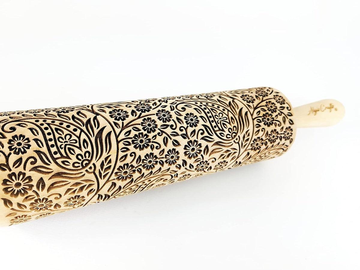 KASHMIR pattern Embossed Rolling Pin. Engraved Dough Roller with Paisley for Embossed Cookies and Pottery by Algis Crafts