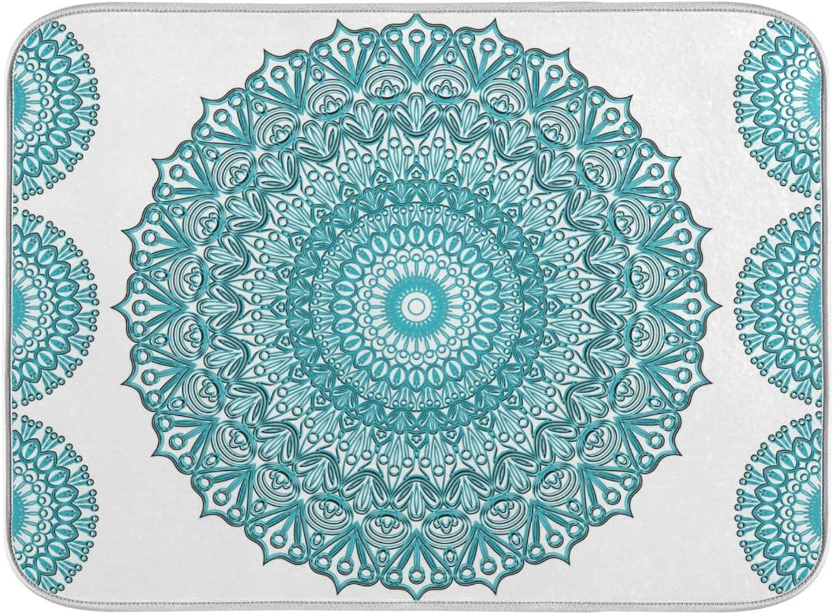Super Absorbent Dish Drying Mat, Microfiber Fast-Drying Dish Mat, 24" x 18", Kitchen Dish Drying Pad, Boho Ethnic Turquoise Mandala