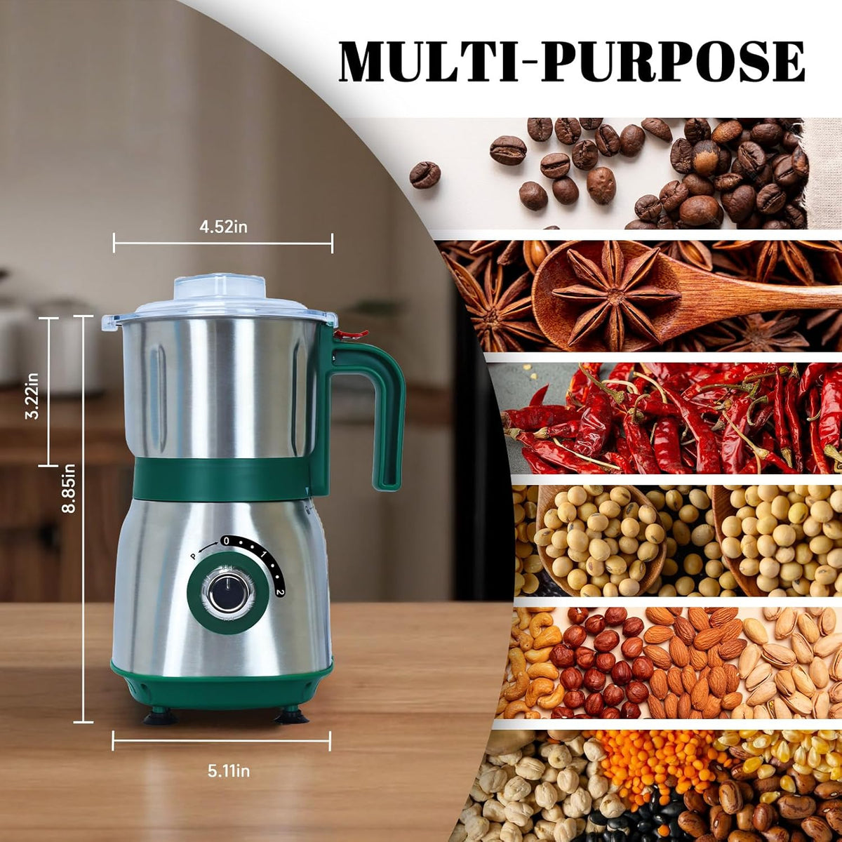 Versatile Kitchen Grinder | 500W Electric Mill | Grinds Spices, Nuts, Grains, Coffee | 3 Stainless Steel Blades | Dry Use (Green)