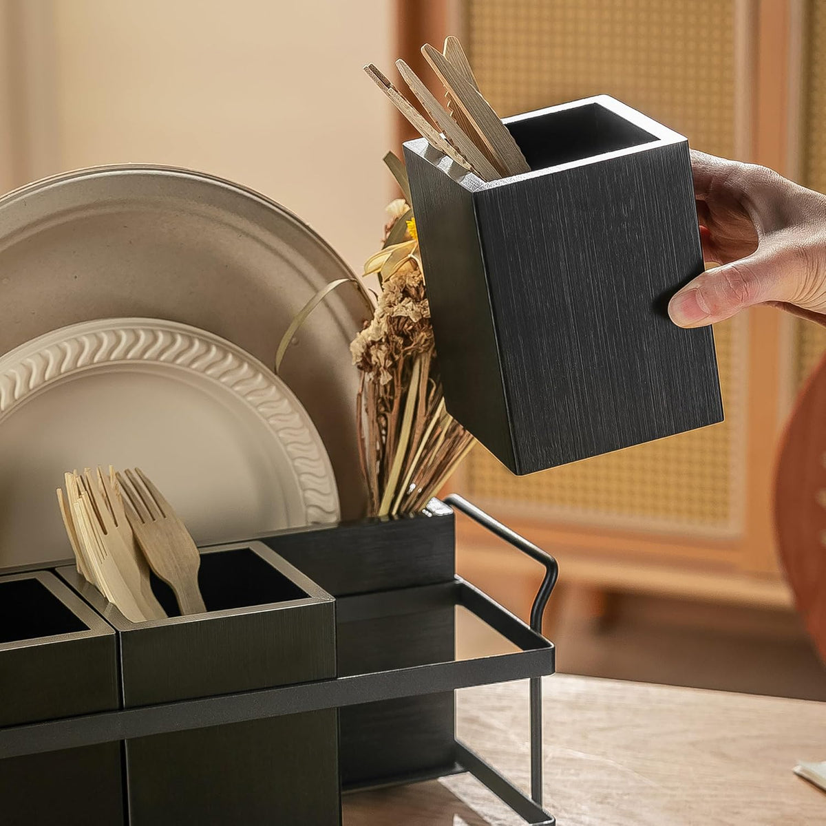 PTSTING Silverware Caddy Black Wood Silverware Holder Paper Plate Dispenser Utensil Caddy Cutlery Flatware Organizer Box for Spoons Forks Plates Napkins