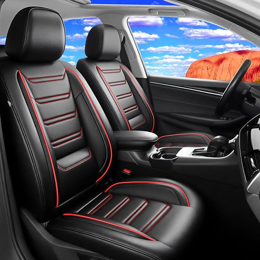 Car Seat Covers (Front Pair) for Select Honda Fit 2007-2020 - Premium Full Coverage Leather, Airbag Compatible & Scratch-Resistant, Waterproof & All Weather Seat Protector, Red Trim