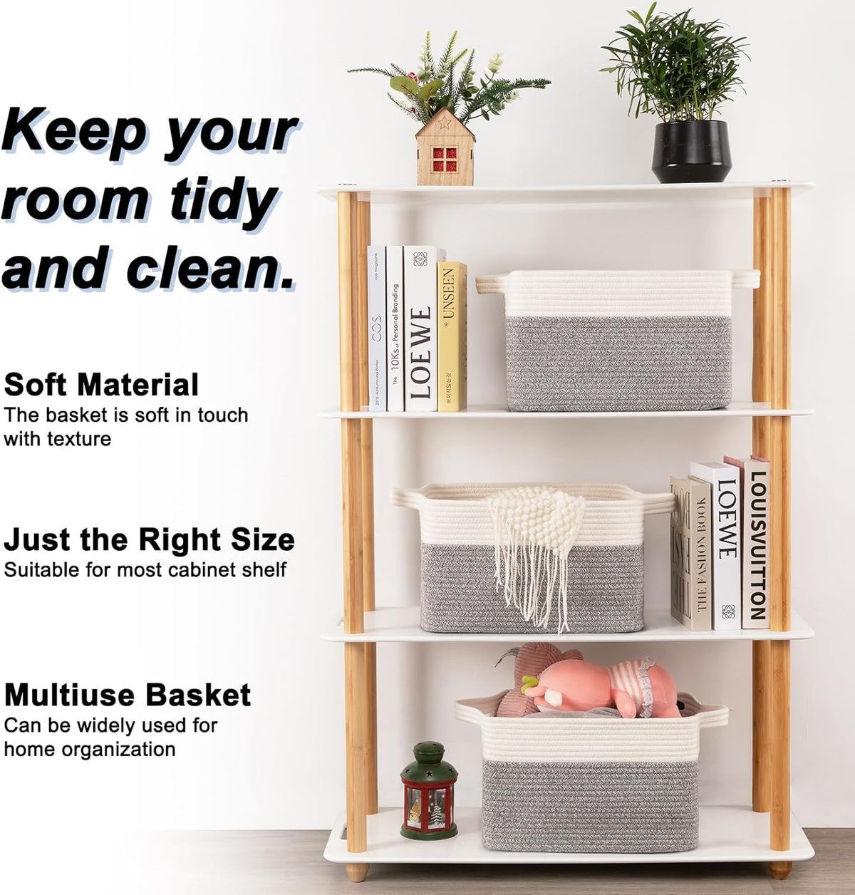 OIAHOMY 3 Pack Storage Basket for Organizing, 13''X9.85''X8.7'' Storage Bins,Woven Basket Basket with Handles, Toy Storage Basket Bin,Stylish Room Decor Basket, White & Grey variegated
