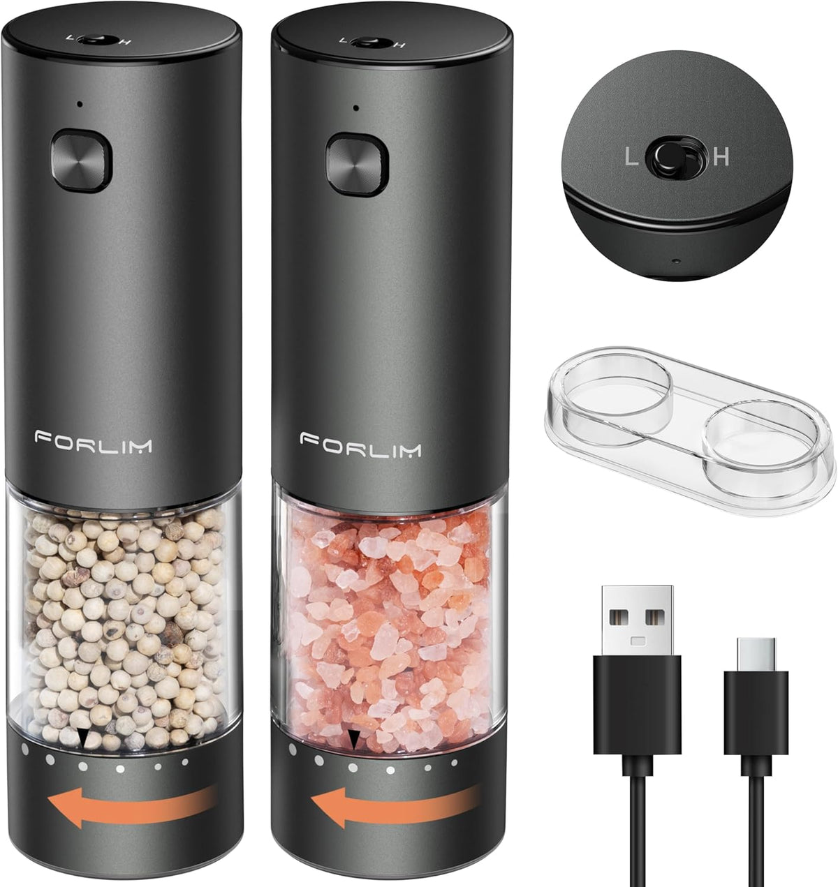 FORLIM 2-Speed Electric Salt And Pepper Grinder Set, External Rotation To Adjust Coarseness, Rechargeable Aluminum Alloy Pepper Mill With Base, One-Button Automatic Grinding, Washable Container