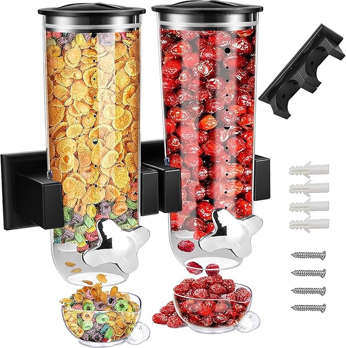 2 Pack Cereal Dispensers, Wall Mounted Food Dispenser Large Capacity Candy Dispenser, Double Dry Food Dispensers Wall Mount, Grain Dispenser for Kitchen Storage Oatmeal Snack Coffee Beans Candy, Black