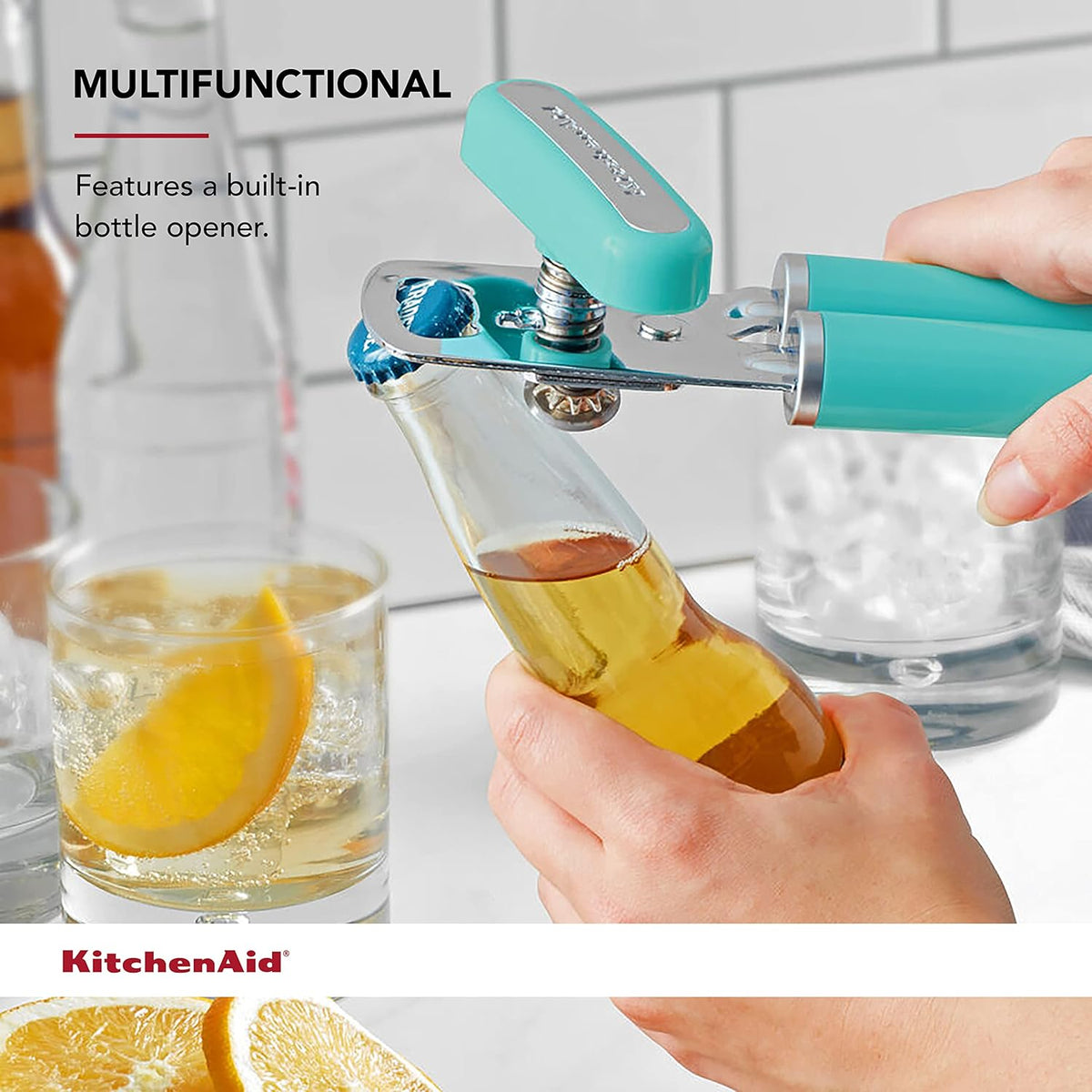 KitchenAid Classic Multifunction Can Opener and Bottle Opener Easy to Use, Razor Sharp Stainless Steel Cutting Wheel, Soft Ergonomic Handles, Aqua Sky
