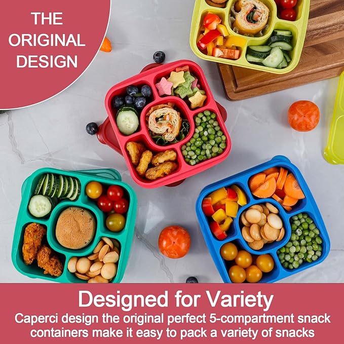 Caperci Original Bento Snack Box Containers - Reusable 5-Compartment Lunchable Food Storage Containers for School, Work and Travel, BPA-Free, Set of 4 (Jewel Bright)