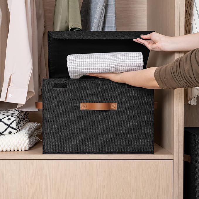 GRANNY SAYS Black Storage Bins with Lids, Decorative Storage Boxes with PU Handles, Linen Closet Organizer, Storage Baskets for Shelves, Fabric Storage Bins for Clothes, Extra Large