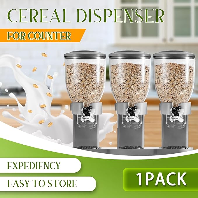 Umigy 1 Pack Triple Indispensable Dry Food Dispenser 67oz Each Capacity Cereal Container for Storage Preserving Dispensing Kitchen Rice Candy Nuts Dog Food Granola Snack Gumball Countertop (Gray)