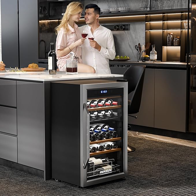 ROVSUN 33 Bottle Wine Fridge, Dual Zone Wine and Beverage Refrigerator with Independent Temp & LED Control Panel, Freestanding Wine Cooler Chiller for Red White Wine, Champagne, Beer