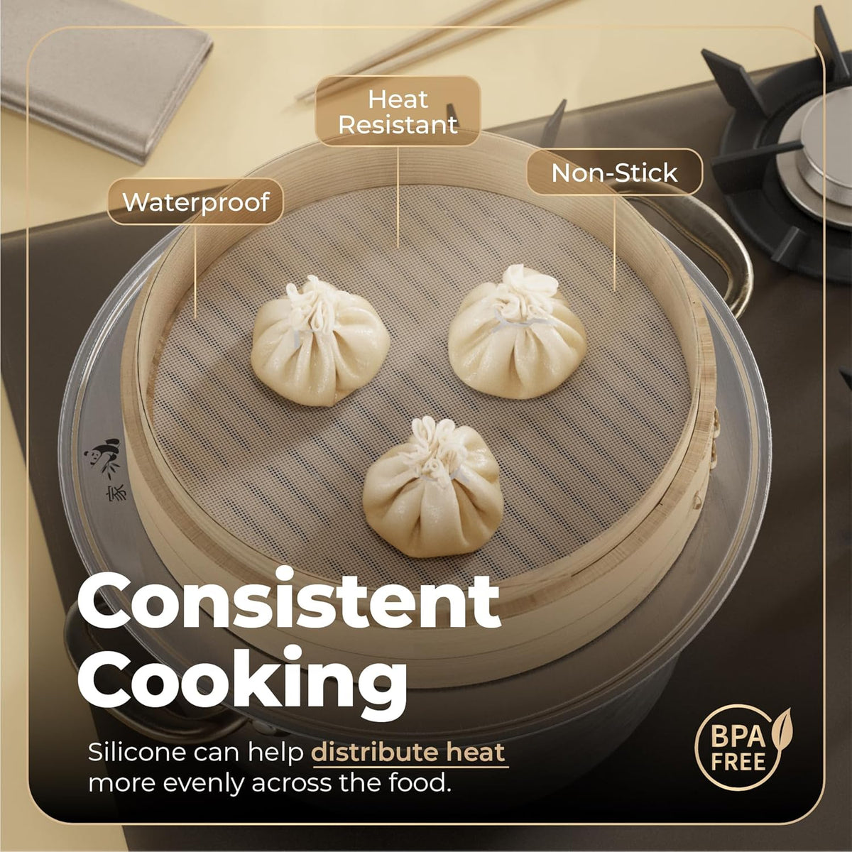 Prime Home Direct Bamboo Steamer Silicone Liners 12-Inch | 6 Count | BPA Free | Reusable & Non Stick for Air Fryer, Dumpling Food Steam Pot & Dim Sum Steaming | Round Mesh Parchment Baking Sheet Paper