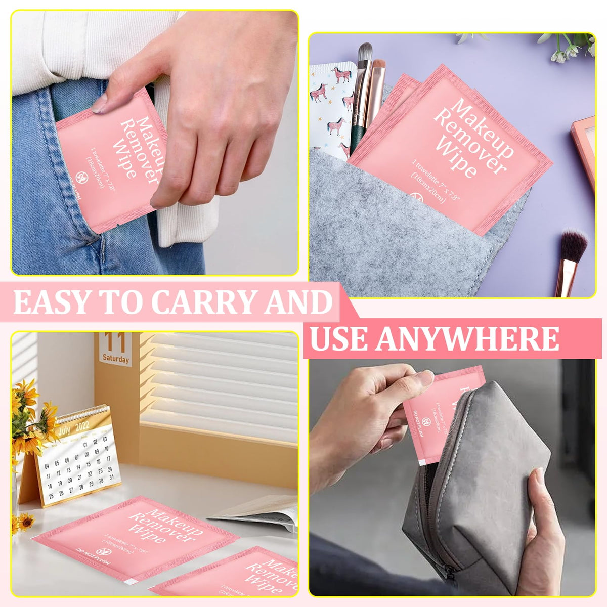 Enjamyo 200 Pcs Pink Makeup Remover Wipes Individual Wrapped