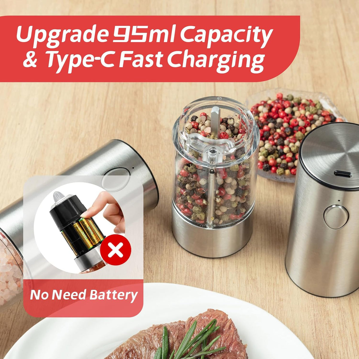 Electric Salt & Pepper Grinder Set (2 Pack) – USB Rechargeable, Adjustable Coarseness, One-Handed Operation with LED Light – Automatic Spice Mill Shaker for Kitchen, Dining, or Camping