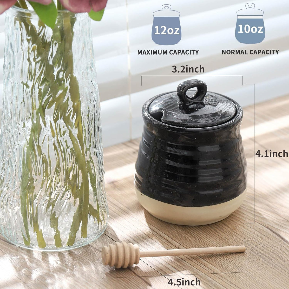 Ceramic 12 Ounce Honey Jar and Dipper Set,Porcelain Honey Pot with Lid and Wooden Dipper,Cute Honey Containers for Party,Holiday,Halloween Favors,Farmhouse Kitchen Decor,Dishwasher Safe,Black