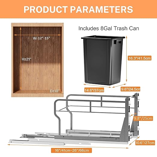 YJHome Pull Out Trash Can Under Cabinet with 31Qt 8Gal Garbage, Under Sink Trash Can with Soft-Close Slides, Cabinet Trash Can Pull Out Kit with Door Mounting Kit for Minimum Opening 12" W