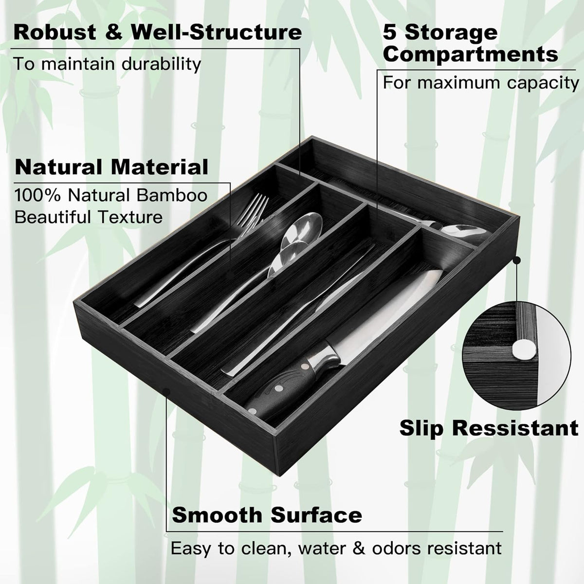 Bamboo Silverware Holder - Drawer Organizer with 5 Slots (Black)